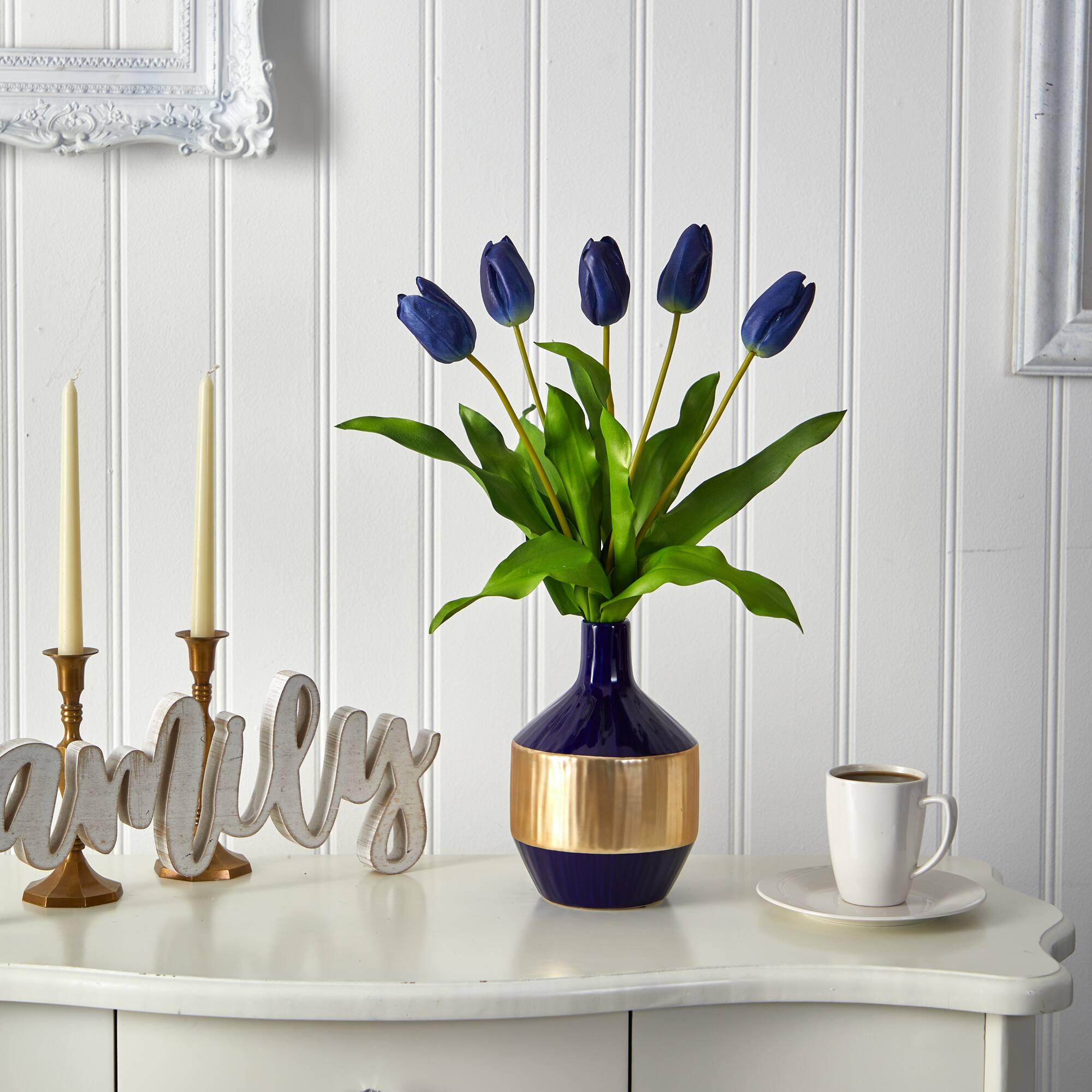22" Blue Dutch Tulip Arrangement in Blue & Gold Designer Vase